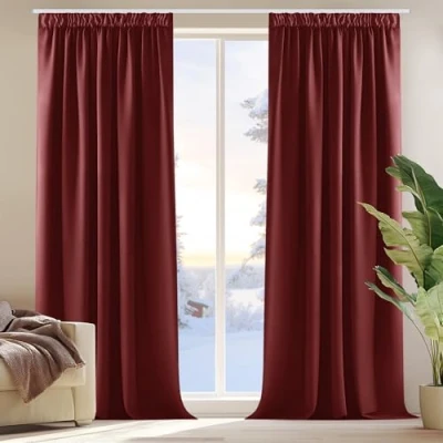 Afbeelding van Deconovo Verduisteringsgordijnen Plooiband, Ondoorzichtige Kerst Gordijnen Luxe met Black Stof voor Woonkamer, 140x175 cm (B x H), Donkerrood, 2 stuks