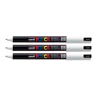 Afbeelding van Set van 3 ultradunne witte markers met 0,7 mm punt PC 1MR Uni Posca om op elk oppervlak te schrijven, stof, glas, steen, metaal, hout, kunststof