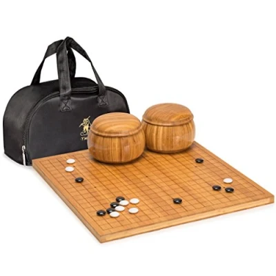 Afbeelding van Yellow Mountain Imports Geëtst Bamboe Dubbelzijdig 19x19 / 13x13 Go Spel Set Bord (2 cm) met Dubbelzijdige Convexe Melamine Stenen en Schalen