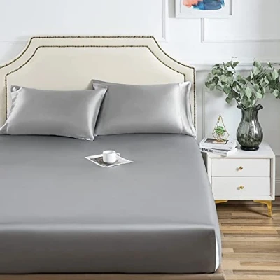 Afbeelding van Damier Satijnen hoeslaken, 140 x 200 cm, grijs, zijdeglans, luxe geschikt voor matrassen tot 25 cm hoog