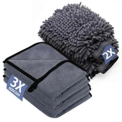 Afbeelding van YSWOVUO 5 stuks autoverzorgingsset met 3 microvezeldoeken voor de auto en 2 microvezel washandjes auto, 600 g/m², extra absorberend, 100% krasvrij zacht, het polijsten van (40