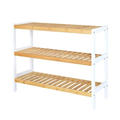 Afbeelding van dibea Schoenenrek met 3 opbergvakken, schoenenkast, bamboerek, staand rek, keukenrek, woonkamerrek, 70 x 26 55 cm, natuurlijke kleuren/wit