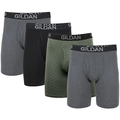 Afbeelding van Gildan Boxershorts voor heren, katoen, stretch, multipack (verpakking van 4), Heather Donkergrijs/Groen Midnight/Blk (4 pack), XL