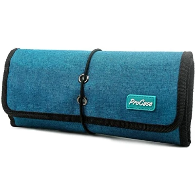 Afbeelding van ProCase oprolbare elektronica organizer, universele kleine gadget accessoires reizen draagtas opbergtas zakje voor oplader USB kabels SD geheugenkaarten oortelefoon flash harddrive blauwgroen