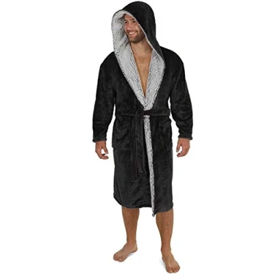Afbeelding van CityComfort badjas voor heren, behaaglijke fleece, ochtendjas met capuchon en zakken, warme kamerjas van pluche, lang, zachte saunajas plezier vakantie, badjas, cadeau mannen, Houtskool, zwart., XXL