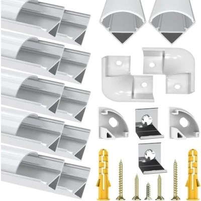 Afbeelding van Chesbung LED Aluminium Profiel, 10 Stuks 1 m / 3,3 ft Kanaal voor Stripverlichting met Melkwitte Afdekking, Eindkappen, Metalen Bevestigingsclips en Schroeven