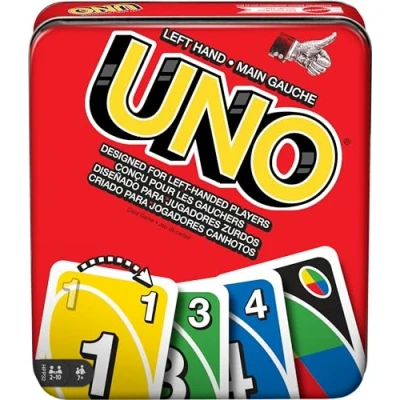 Afbeelding van Mattel Games UNO Kaartspel voor gezinsavond met kaarten, speciaal ontworpen linkshandige spelers, in verzameldoos