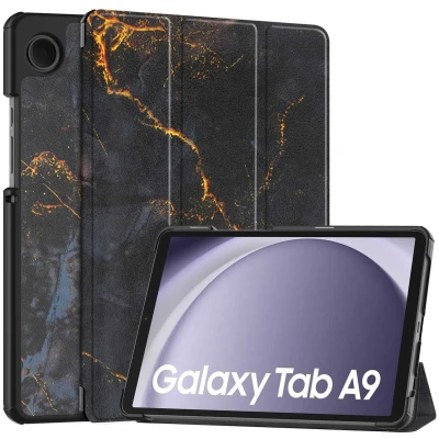Afbeelding van Samsung Galaxy Tab A9 Hoes: iMoshion Design Trifold Bookcase Black Marble Kunstleder Tablet Hoezen