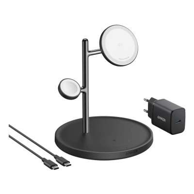 Afbeelding van Anker MagGo 3 in 1 draadloos oplaadstation Qi2 gecertificeerd draadloze 15W oplaadstandaard voor MagSafe iPhone series 13/14/15, AirPods Pro, Apple Watch Ultra (incl. USB oplader en kabel)