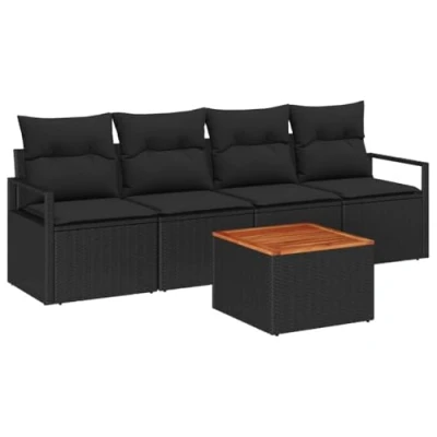 Afbeelding van vidaXL 5 delige Tuin Sofa Set met Kussens Zwart Poly Rattan Acacia