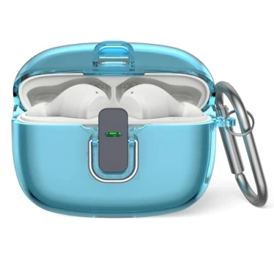 Afbeelding van Beschermhoes voor JBL Vibe Beam, MOWYEOK transparante TPU veiligheidsslot behuizing, van toepassing op de Beam/JBL Wave 200TWS oordopjes, met karabijnhaak (transparant blauw)