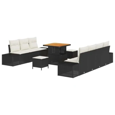 Afbeelding van vidaXL 10 delige tuinset met kussens Zwart Poly Rattan en Acacia