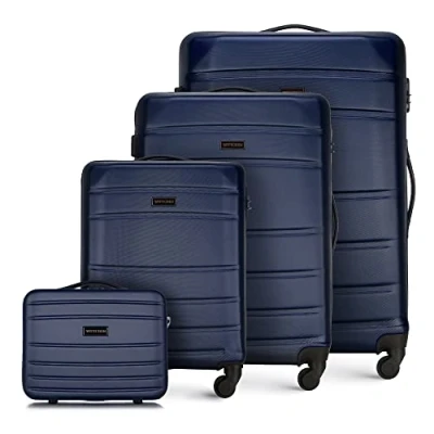 Afbeelding van WITTCHEN Reiskoffer 4 delige kofferset Rollende koffer Trolley Handbagage Harde schaal van ABS met spinnerwielen Cijferslot Telescopisch handvat Globe Line Donkerblauw