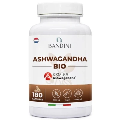 Afbeelding van Bandini® Ashwagandha BIO KSM 66® Veganistisch (180 capsules) Premiumkwaliteit: Biologische Ashwaganda Natuurlijk supplement van Withania Somnifera poeder Ayurvedische remedie tegen stress