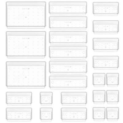 Afbeelding van Quirlig Lade organizer, 25 stuks, ladeboxen van transparante kunststof in 4 maten, stapelbare ladeverdelers voor badkamer, keuken, make up