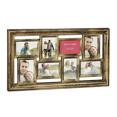 Afbeelding van Relaxdays fotolijst, lijst voor 8 foto‘s, 10x15 cm, horizontaal &amp; verticaal, vintage design, HxB: 39,5 x 68 goud