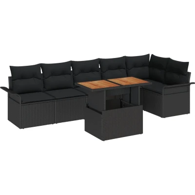 Afbeelding van vidaXL 7 delige Tuin Eettafel met Kussens Zwart Poly Rattan Acacia