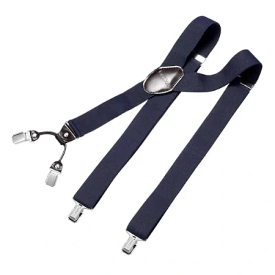 Afbeelding van DonDon herenbretels 3,5 cm breed 4 clips van bruin leer in Y vorm elastisch en verstelbaar Marinebleuw