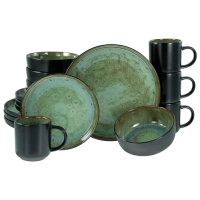 Afbeelding van CreaTable, 20166, serie Nordic Fjord Green, 16 delige serviesset voor 4 personen, combiservies van aardewerk, vaatwasser en magnetronbestendig, kwaliteitsproductie