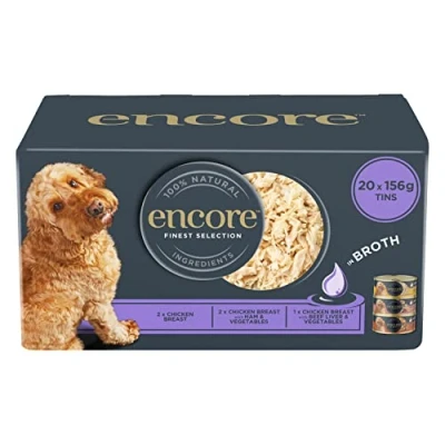 Afbeelding van Encore Premium natvoer voor volwassen honden, 100% natuurlijk, assortiment kip in bouillon, 20 dozen van 156 g