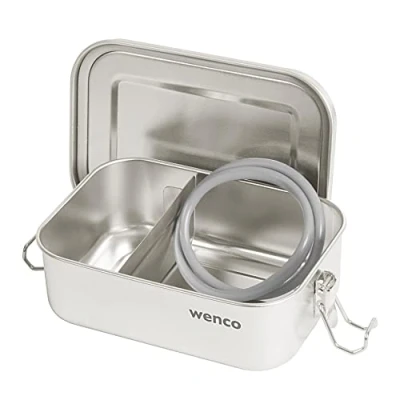 Afbeelding van Wenco Premium lunchbox van roestvrij staal, met 2 vakken, broodtrommel 800 ml inhoud, waterdicht, vaatwasmachinebestendig, incl. reserve siliconen ring, 16 x 11,3 5 cm, zilver