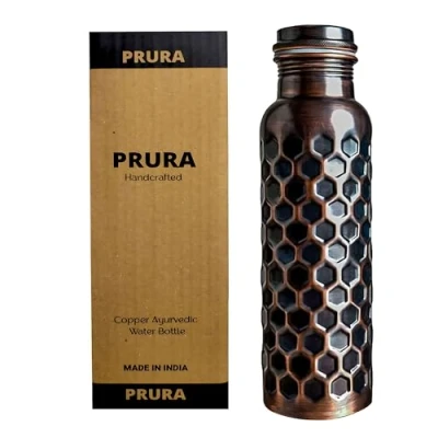 Afbeelding van PRURA koperen waterfles diamant zwart puur fles yoga Ayurveda gezondheidsvoordelen lekvrij (900ml/30 oz, ontwerp 10)