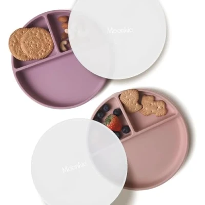 Afbeelding van Moonkie 2pc Siliconen Babybord, Babybord met Zuigvoet, BPA Vrij Antislip Kinderborden, Split Bordenset Deksel, Magnetron en Vaatwasmachinebestendig(Licht Mauve/Blush)
