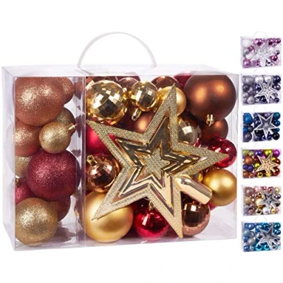 Afbeelding van BRUBAKER 50 Delige Kerstballen Set met Boomtop Kerstboomversiering in Rood Goud Bruin