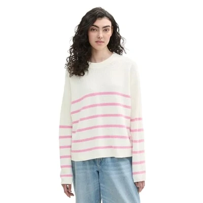 Afbeelding van TOM Tailor Denim Gestreifter Trui, Dames, Maat: XL, Placed pink white stripe
