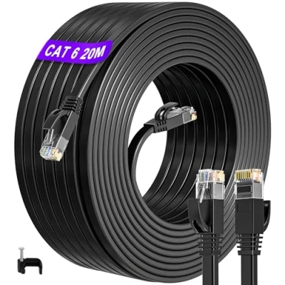 Afbeelding van Cat 6 Ethernet Kabel 20m, Platte Lange 20m Hoge Snelheid Internet Buiten Binnen, Dunne RJ45 Netwerkkabel Cat6 1000Mbps 250MHz Gigabit LAN voor Router PS4/5 (20 Clips)