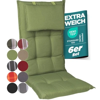 Afbeelding van gardisun Tuinstoelkussens, hoge rugleuning met hoofdeinde, extra dikke stoelkussens, made in Europe, ideale kussens voor rugleuning, lichtechtheid, set van 6, groen