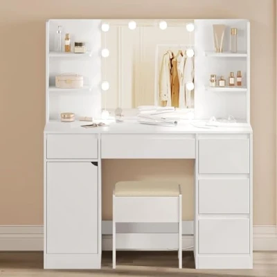 Afbeelding van WOLTU make uptafel met spiegel, kruk en verlichting, instelbare helderheid, meervoudige stekker, up 5 laden open planken, 110 x 40 cm, voor slaapkamer, wit