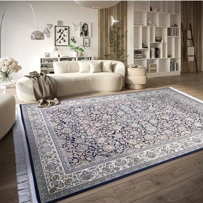 Afbeelding van Villeroy &amp; Boch Laagpolig tapijt Alfred oosters woonkamertapijt dicht geweven met franjes klassiek voor woonkamer, slaapkamer, eetkamer, hal blauw crème, 155 x 235 cm