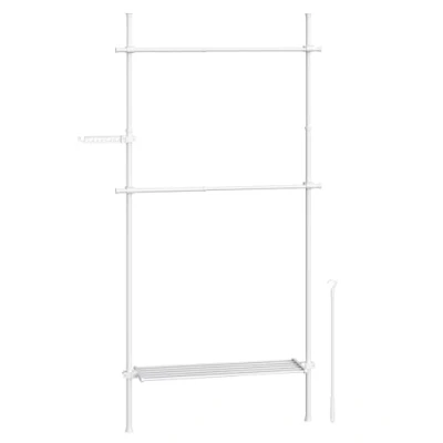 Afbeelding van SONGMICS Telescopische kledingstandaard, 3 traps garderobe, in hoogte en breedte verstelbaar, open kledingkast met 2 kledingstangen afneembare plank, grijparm, mat wit HSR136W01