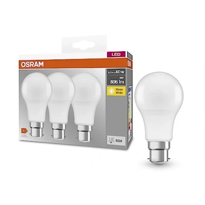Afbeelding van OSRAM BASE standard 60 mat LED pære med B22d sokkel, klassisk pæreform, 3 pak, 8,5W, 806lm, 2700K, varmt hvidt lys, lavt varmeudbytte, meget energiforbrug, lang levetid