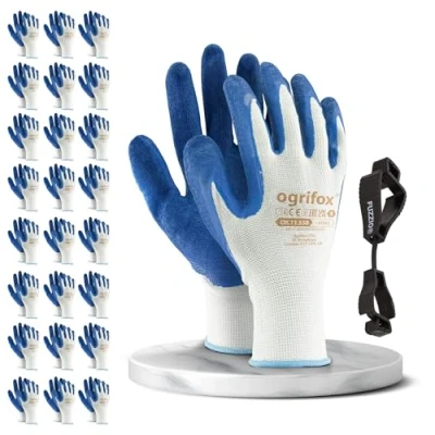 Afbeelding van 24 paar Ogrifox werkhandschoenen en een FUZZIO® clip handschoenhouder (L 9, wit)