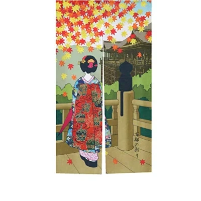 Afbeelding van LIGICKY Japanse Noren lang gordijn, deurgordijn, wandtapijt, vliegen, insectengordijn, ruimteverdeler, 85 x 150 cm (Ukiyo e Kyoto Miyako Odor, Geisha meisje en esdoornbladeren)