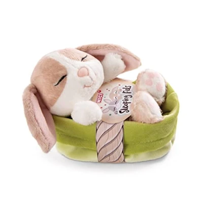 Afbeelding van NICI Zacht speelgoed Sleeping Pets konijn cappuccino in groene mand 12cm