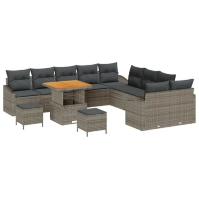 Afbeelding van vidaXL 13 delige tuinbankset met kussens grijs poly rattan acacia