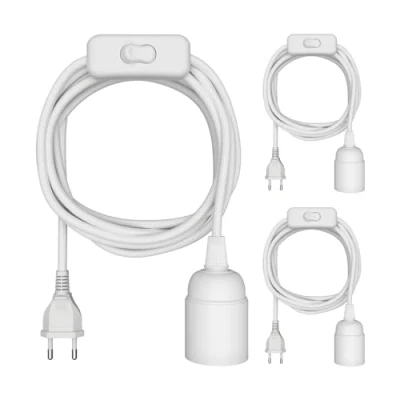 Afbeelding van ledscom.de 3 stuks textielkabel LEHA, stekker, schakelaar, wit, 3m, fitting, 1x E27 max. 60W