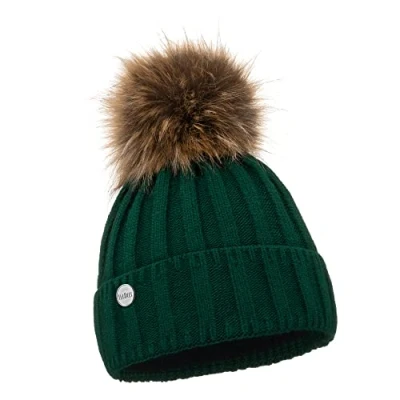 Afbeelding van ELIMELI Kasjmier muts voor dames, warme gebreide wintermuts met kasjmier, kunstbont, slouch beanie de winter, pomponmuts, gemaakt in EU, groen, Eén maat