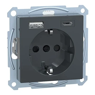Afbeelding van Schneider Electric Merten MEG2367 0414 Stopcontact met USB aansluiting type A+C, systeem M antraciet, Schuko stopcontact, inbouw, geaard geschikt voor smartphone, tablet