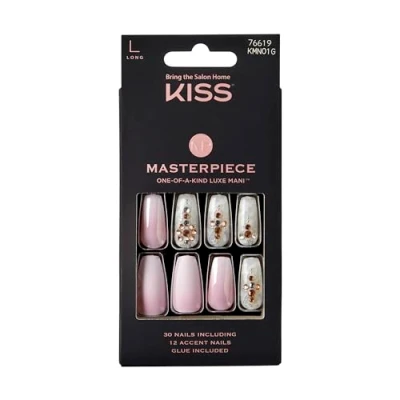 Afbeelding van KISS Masterpiece One Of A Kind Luxe Manicure, Kitty Gurl, Lange Lengte Doodskist Nails, Inclusief Nagellijm, Vijl en 30 Nagels Met 12 Accent