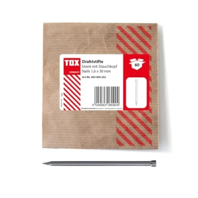 Afbeelding van TOX draadnagels 1,6x30 mm met stootkop voor bijna onzichtbare bevestigingen in hout, blank staal, 60 st. hersluitbare en milieuvriendelijke papieren verpakking, 063600252