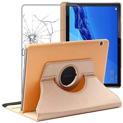 Afbeelding van ebestStar Hoes voor Huawei MediaPad T5 10.1, Roterende Etui, Case, 360 Draaibaar hoesje, Goud + Gehard Glas
