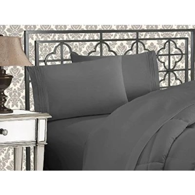 Afbeelding van Elegant Comfort Luxe 1500 draadtelling Egyptische kwaliteit drie lijnen geborduurd zachtste premium hotelkwaliteit 4 delige lakenset, kreuk en vervagingsbestendig, California King, grijs