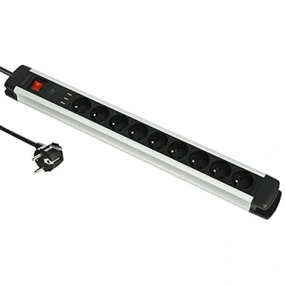 Afbeelding van Electraline 35431 Alu Line stekkerdoos (9 stopcontacten + 3 USB type A 3.A) met behuizing van aluminium, kabels 3G1,5 mm, 2 m, aan/uit schakelaar, zwart