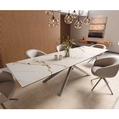 Afbeelding van DELIFE Eetkamertafel Edge 300x100 keramiek Calacatta Luxe wit goud grijs kruisframe rechthoek RVS
