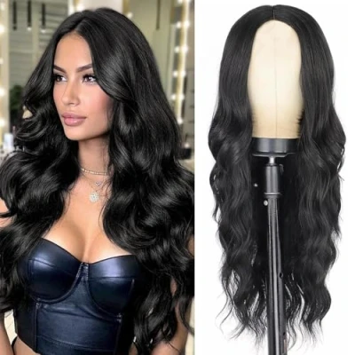 Afbeelding van PORSMEER Zwarte lange golvende pruik voor dames, natuurlijk krullend haar, middenscheiding, Braziliaans, hittebestendig, cosplay, party, Halloween, dagelijks gebruik