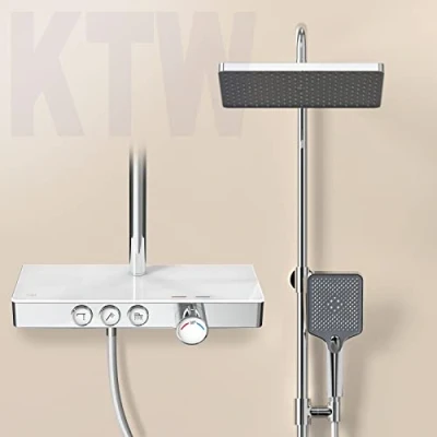 Afbeelding van EMKE Douchesysteem met thermostaat, KTW certificering, doucheset, 45 cm, thermostatische plaat, handdouche, 3 straalsoorten, regendouche kraan, douchesysteem, chroom